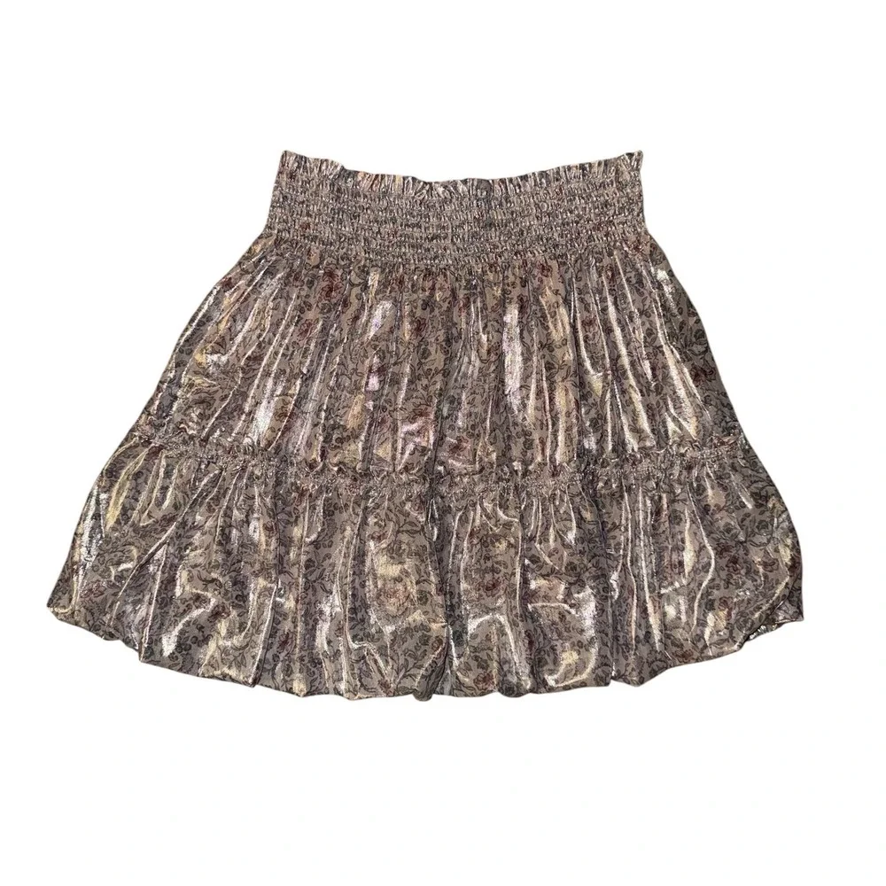 Free People Mini Skirt Womens Medium Floral silver Metallic Smocked Bubble Hem